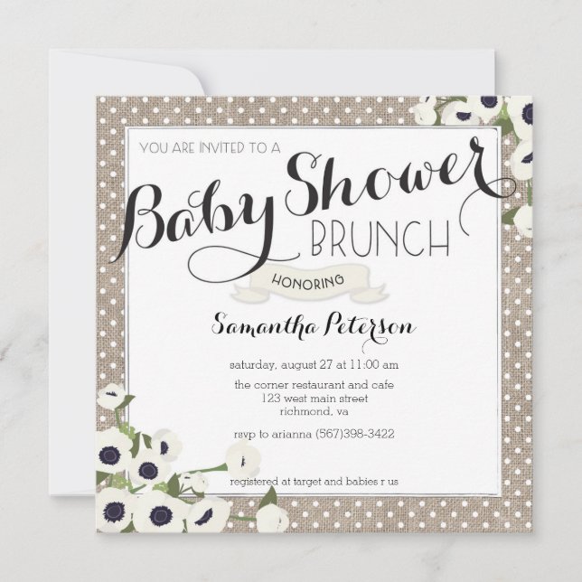 Baby shower Burlap Flowers Brunch Invitation (Devant)