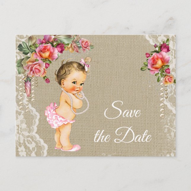 Baby shower Burlap Lace Enregistrer la date Cartes (Devant)