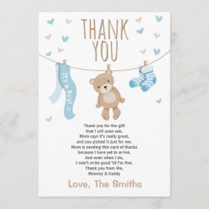 Baby shower Carte de remerciements Teddy Bear bleu