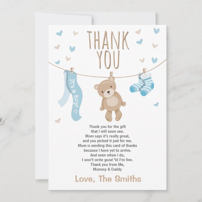 Baby shower Carte de remerciements Teddy Bear bleu (Devant)