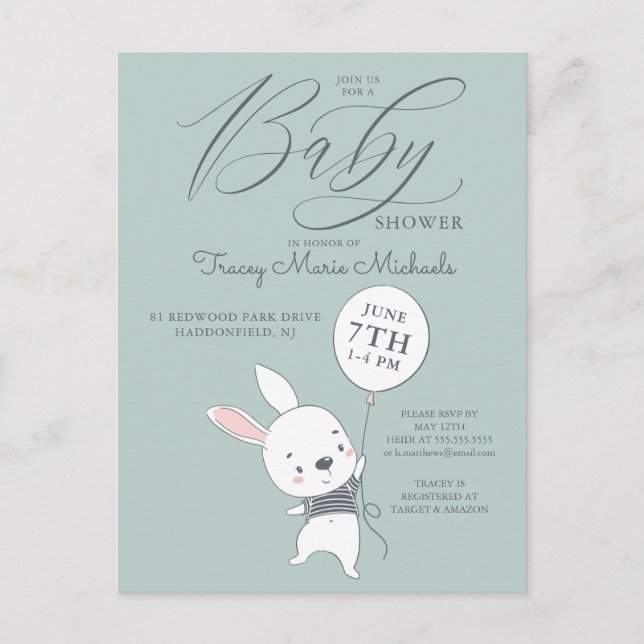 Baby shower | Carte postale lapin et ballon mignon (Devant)