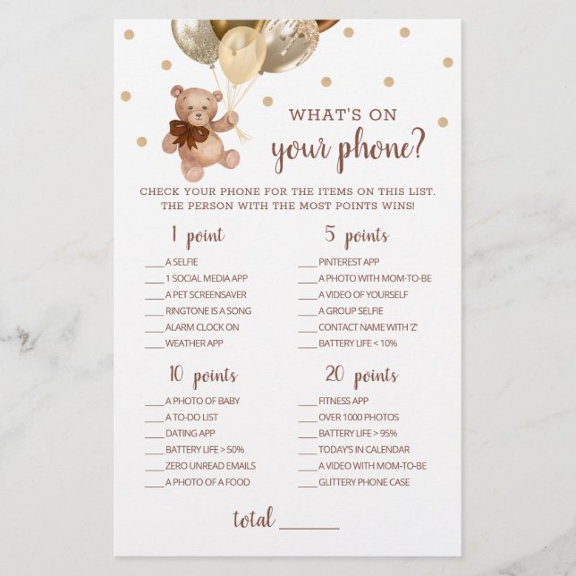 Baby shower Ce qui est sur votre téléphone Jeu Ted (Devant)