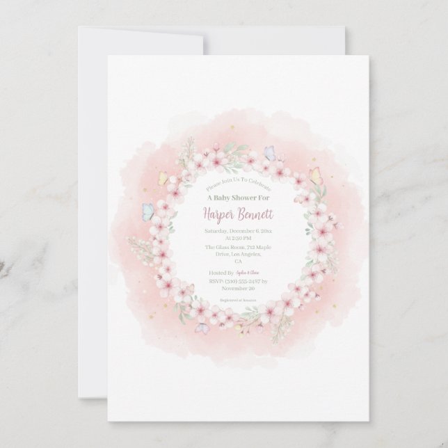 Baby shower cerise en fleurs papillon Invitation (Devant)