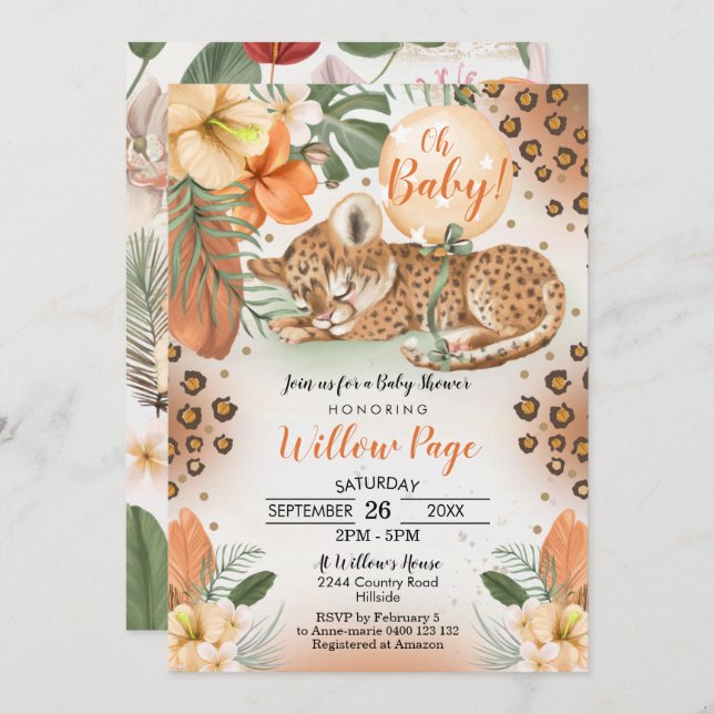 Baby shower Cheetah Invitation Safari bébé (Devant / Derrière)