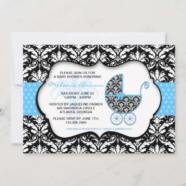 Baby shower Chic Blue Polka Dot Damask Invitation (Devant)