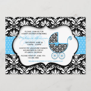 Baby shower Chic Blue Polka Dot Damask Invitation