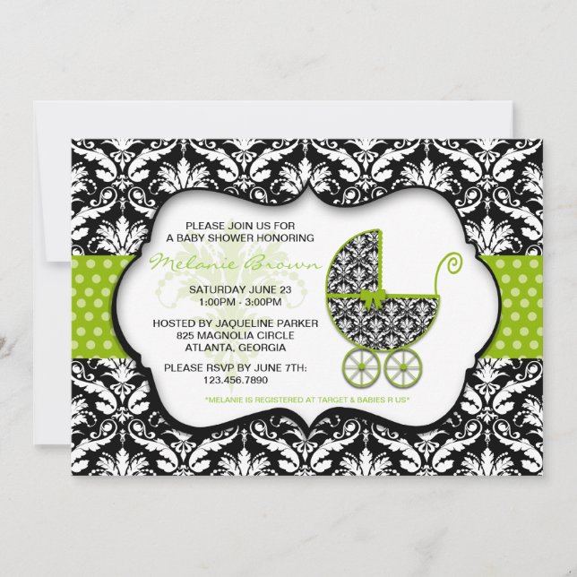 Baby shower Chic Green Polka Dot Damask Invitation (Devant)