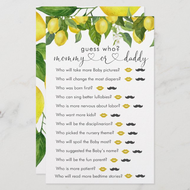 Baby shower citron "Devinez qui" Jeu (Devant / Derrière)