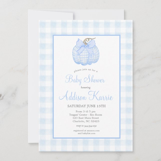 Baby shower Citrouille bleu En vichy Invitation (Devant)