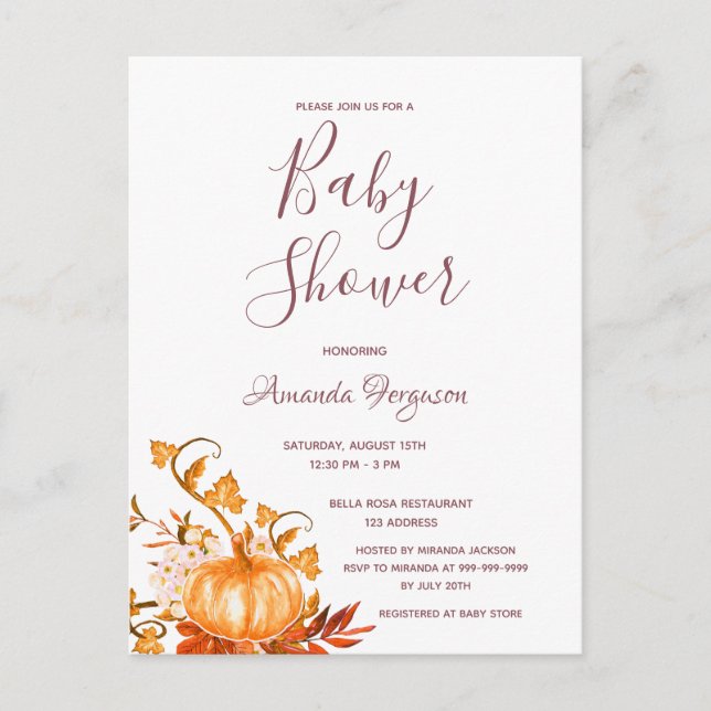 Baby shower citrouille chute blanc d'or invitation (Devant)