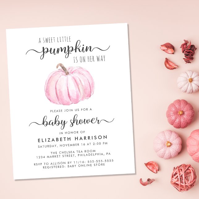 Baby shower Citrouille rose Aquarelle Invitation (Celebrate the upcoming arrival of your sweet little autumn baby with a pumpkin-themed baby shower)