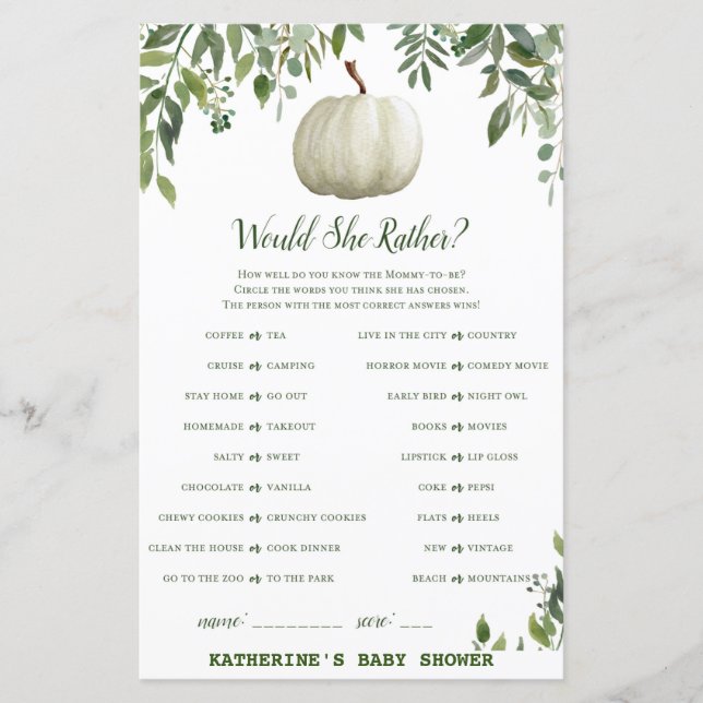 Baby shower Citrouille verdoyant Jeu IMPRIMÉ (Devant)