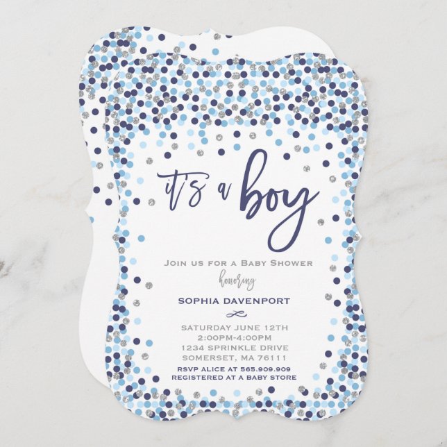 Baby shower Confetti Invitation Bleu Et Argent (Devant / Derrière)
