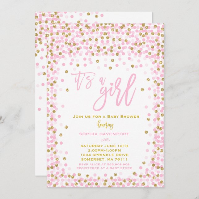 Baby shower Confetti Invitation Pink And Gold Girl (Devant / Derrière)