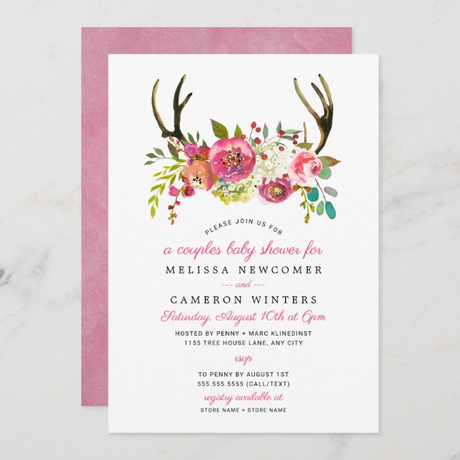 Baby shower couple, bois rose fleuri invitations (Devant / Derrière)