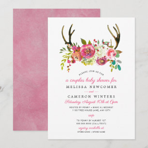 Baby shower couple, bois rose fleuri invitations
