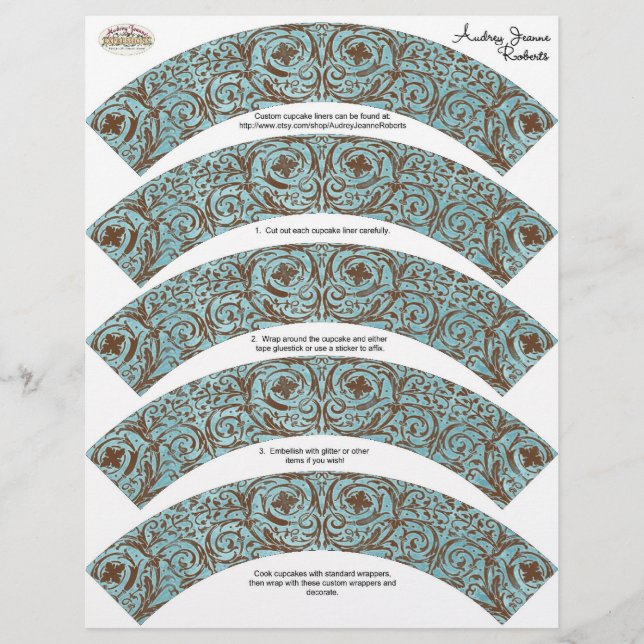Baby shower Cupcake Wrappers - Blue Brown Damask (Devant)