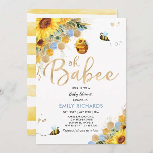 Baby shower d'abeilles Invitation Floral Babee Dou (Devant / Derrière)