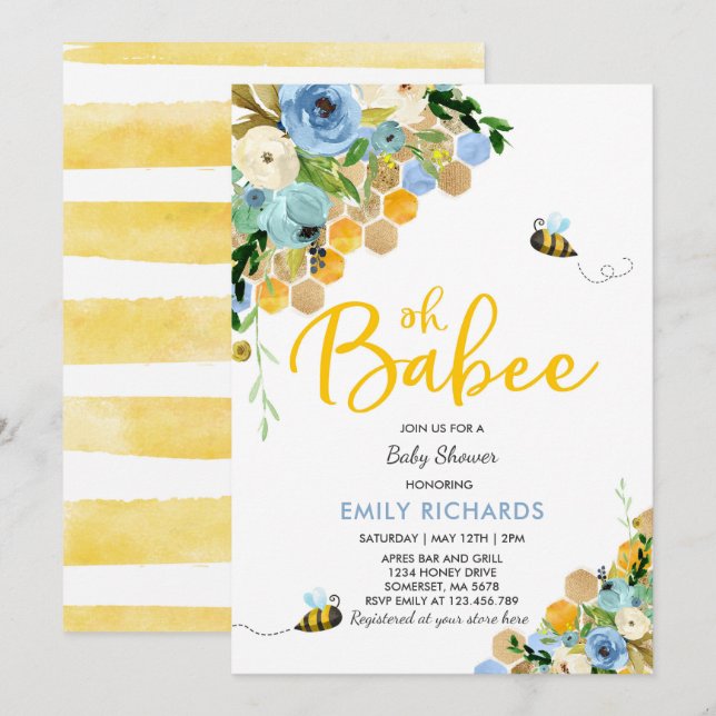 Baby shower d'abeilles Invitation Floral Babee Dou (Devant / Derrière)