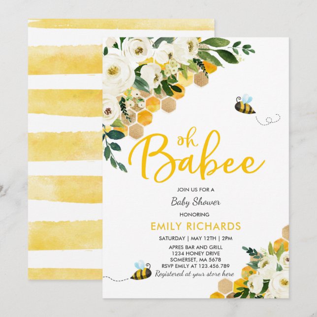 Baby shower d'abeilles Invitation Floral Babee Dou (Devant / Derrière)
