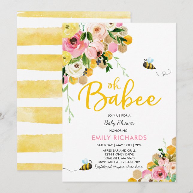 Baby shower d'abeilles Invitation Floral Babee Dou (Devant / Derrière)