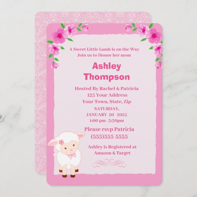 Baby shower d'agneau floral rose mou Invitation (Devant / Derrière)