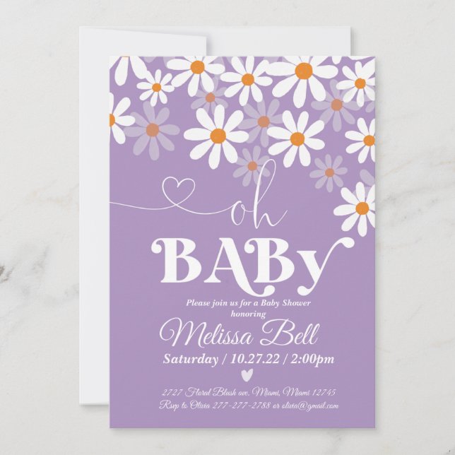Baby shower Daisy Invitation Purpl Boho Retro Dais (Devant)