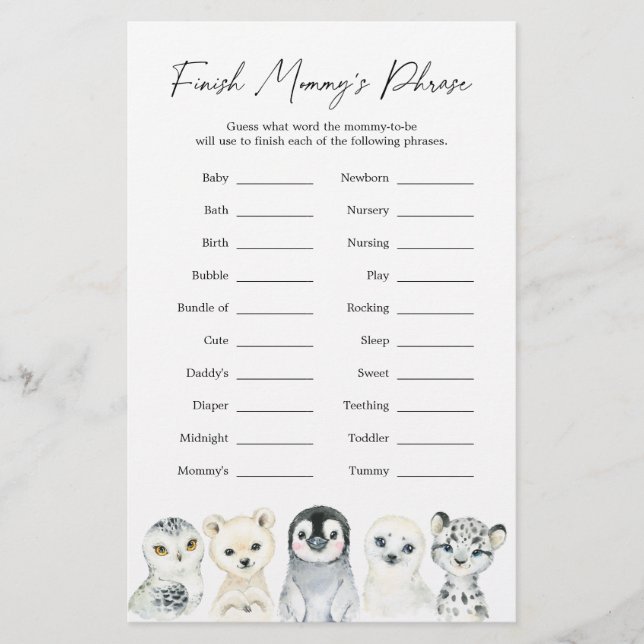 Baby shower d'animaux arctiques terminer la phrase (Devant)