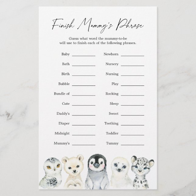 Baby shower d'animaux arctiques terminer la phrase (Devant)