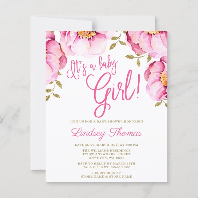 Baby shower d'aquarelle couleur or rose budget (Devant)