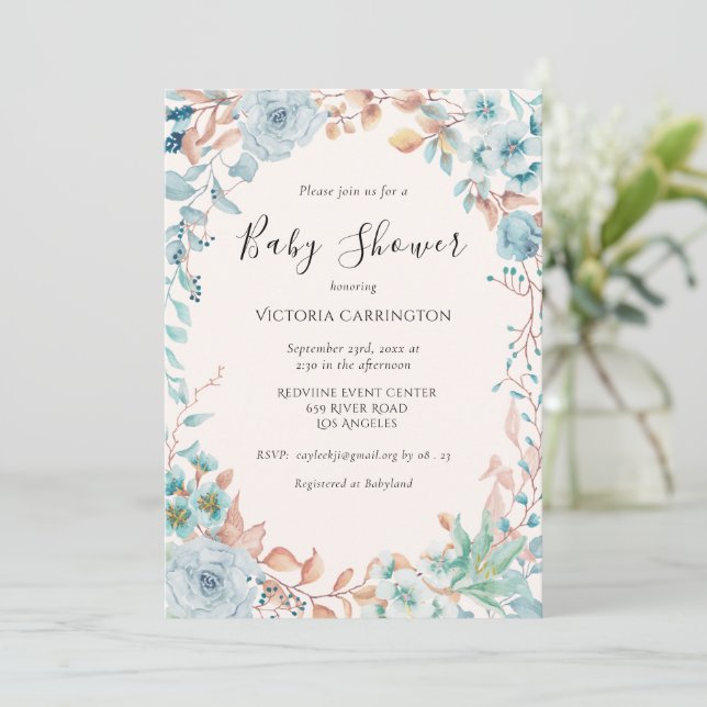 Baby shower d'aquarelle florale bleu Invitation (Debout devant)