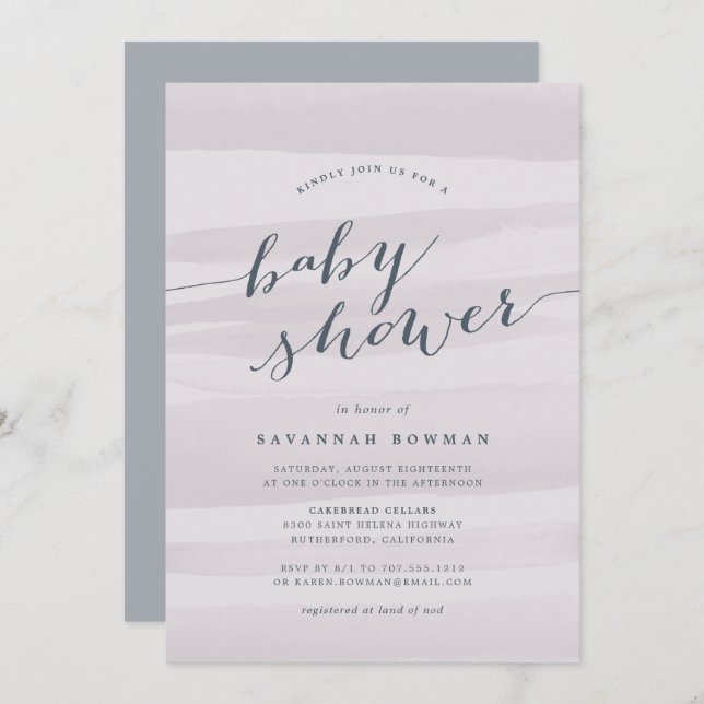 Baby shower d'aquarelle gris Lilac Invitation (Devant / Derrière)