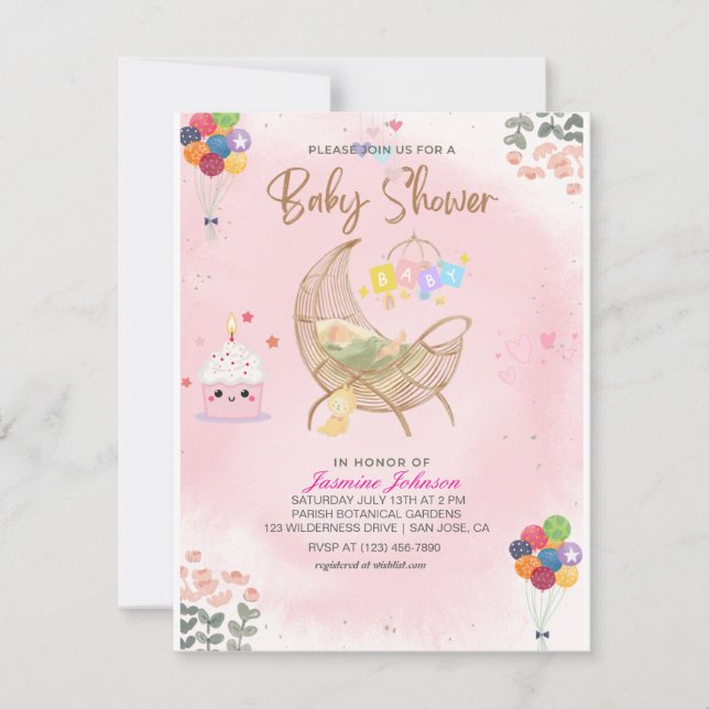 Baby shower d'aquarelle Invitation : Berceau et Ba (Devant)