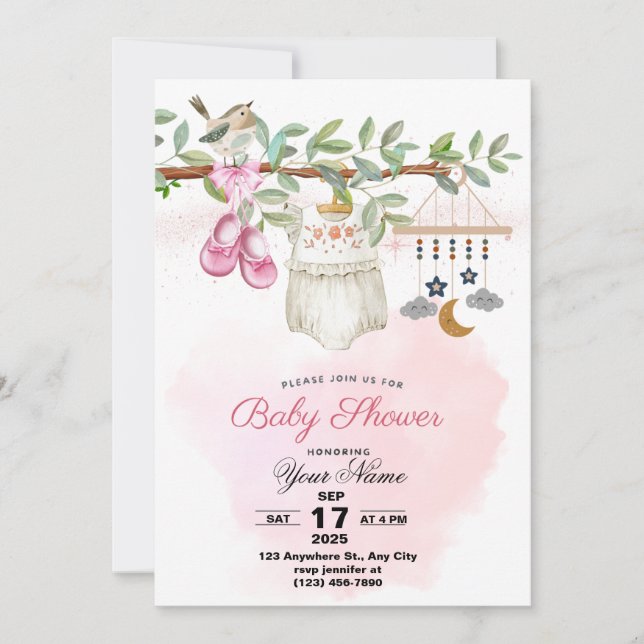 baby shower d'aquarelle invitation pour la petite  (Devant)
