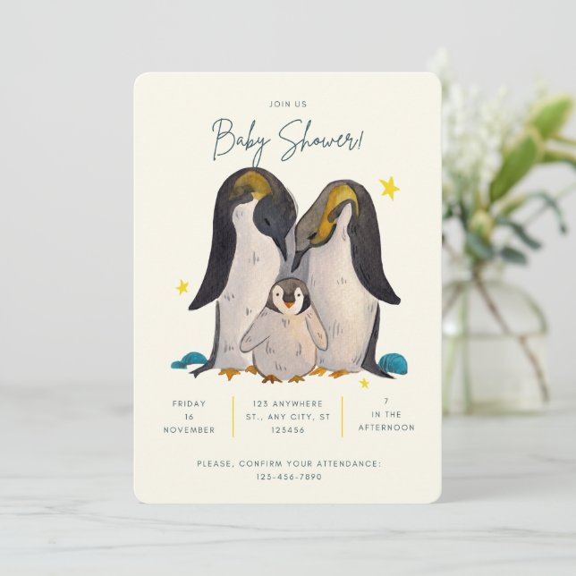 Baby shower d'aquarelle Pinguin Cute Invitation (Debout devant)