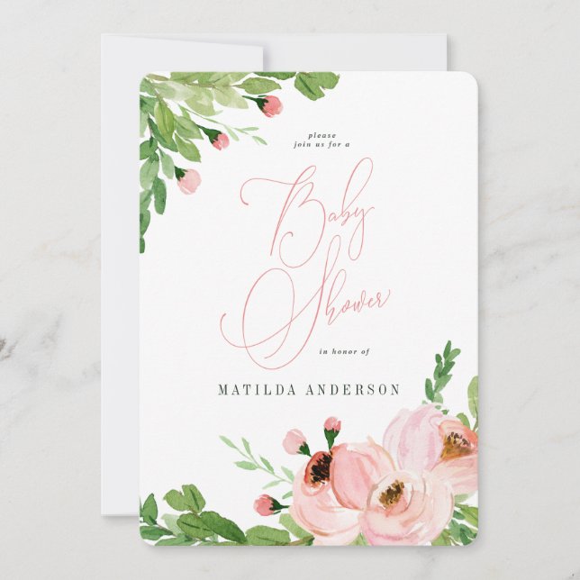 Baby shower d'aquarelle rose vif invitation (Devant)