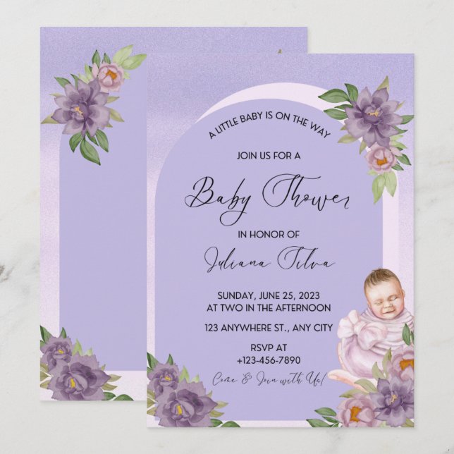 Baby shower d'aquarelle violet Invitation (Devant / Derrière)