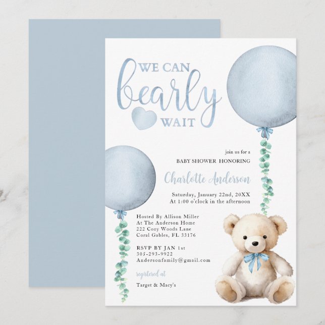Baby shower d'attente bleu Bearly Invitation Garço (Devant / Derrière)