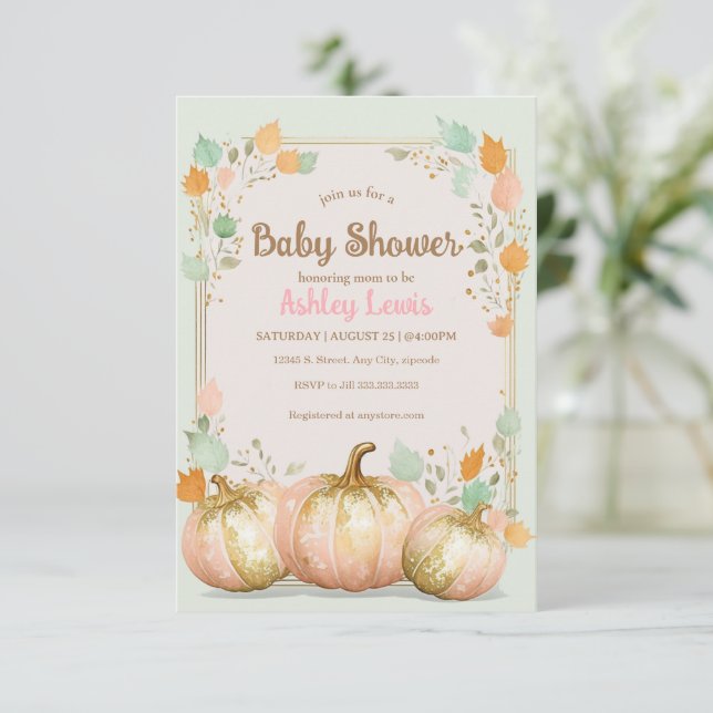 Baby shower d'automne citrouille invitation or ros (Debout devant)