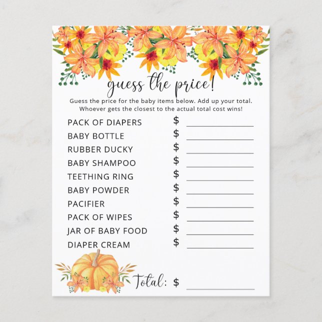 Baby Shower d'Automne | Jeu de devinette du prix d (Devant)