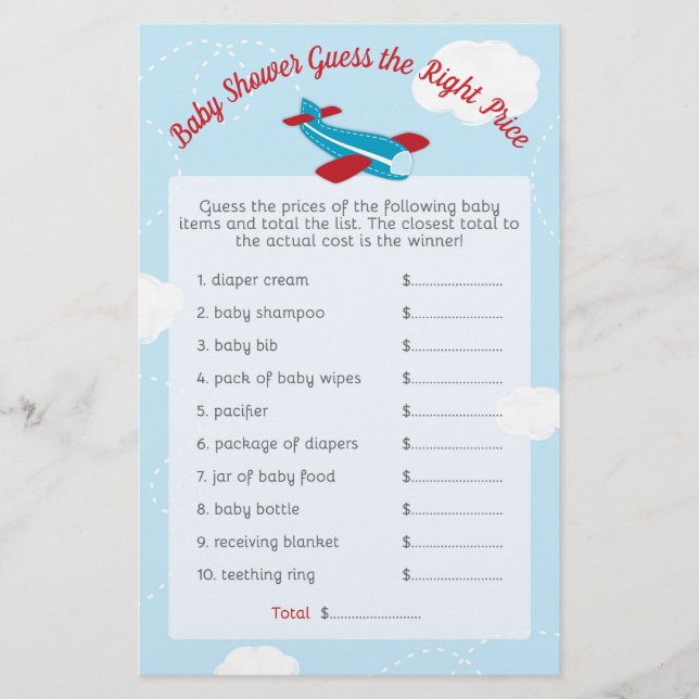 Baby shower d'avion devinez juste prix (Devant)