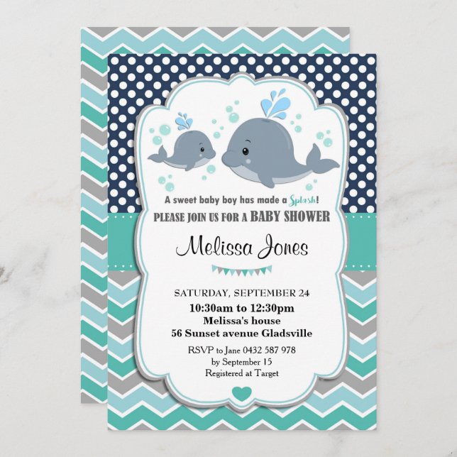 Baby shower de baleine Invitation personnalisée Ba (Devant / Derrière)