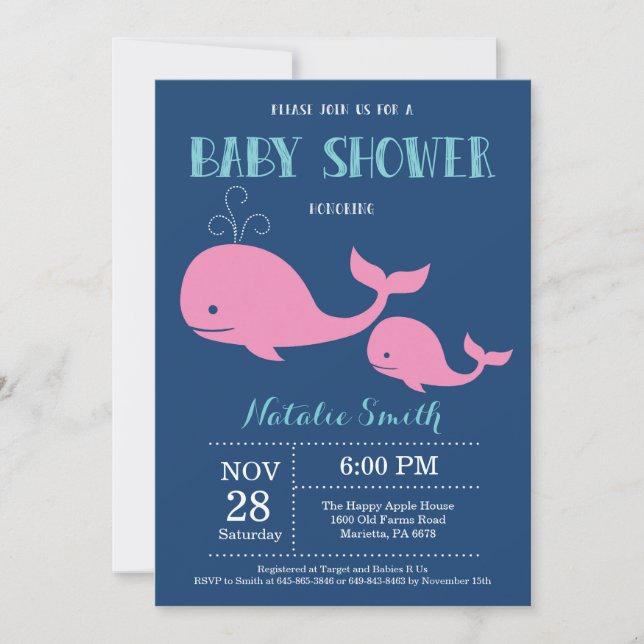 Baby shower de baleines Invitation Marine Bleu.Nau (Devant)