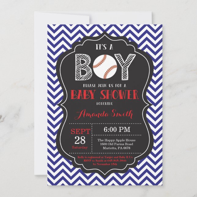 Baby shower de baseball Invitation Boy Blue Chevro (Devant)