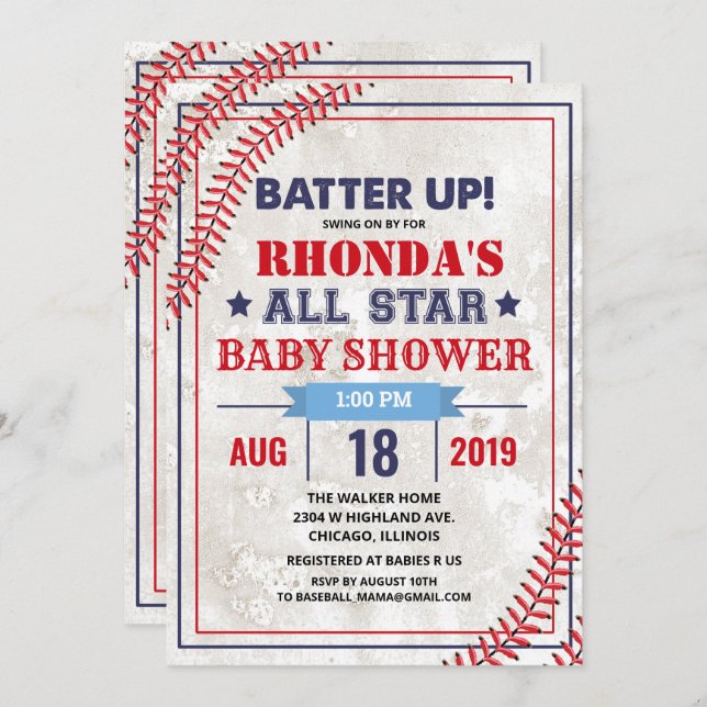 Baby shower de baseball Vintage Grunge Invitation (Devant / Derrière)