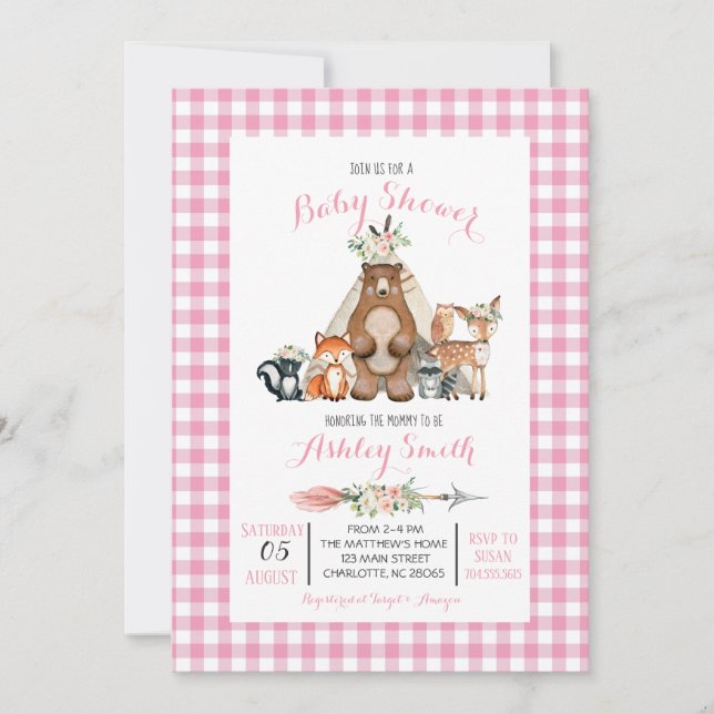 baby shower de bois invitation fille rose (Devant)