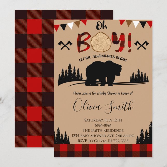 Baby shower de bûcheron Plaid Invitation (Devant / Derrière)