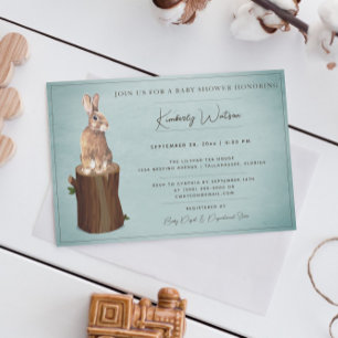 Baby shower de Bunny de bois   Invitation Turquois