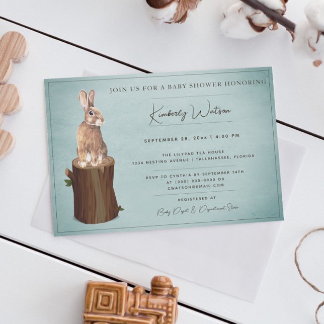 Baby shower de Bunny de bois | Invitation Turquois (Teal Woodland Bunny Baby Shower Invitation)