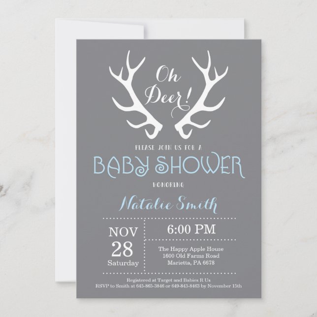 Baby shower de cerfs Antler Invitation Gris et Ble (Devant)